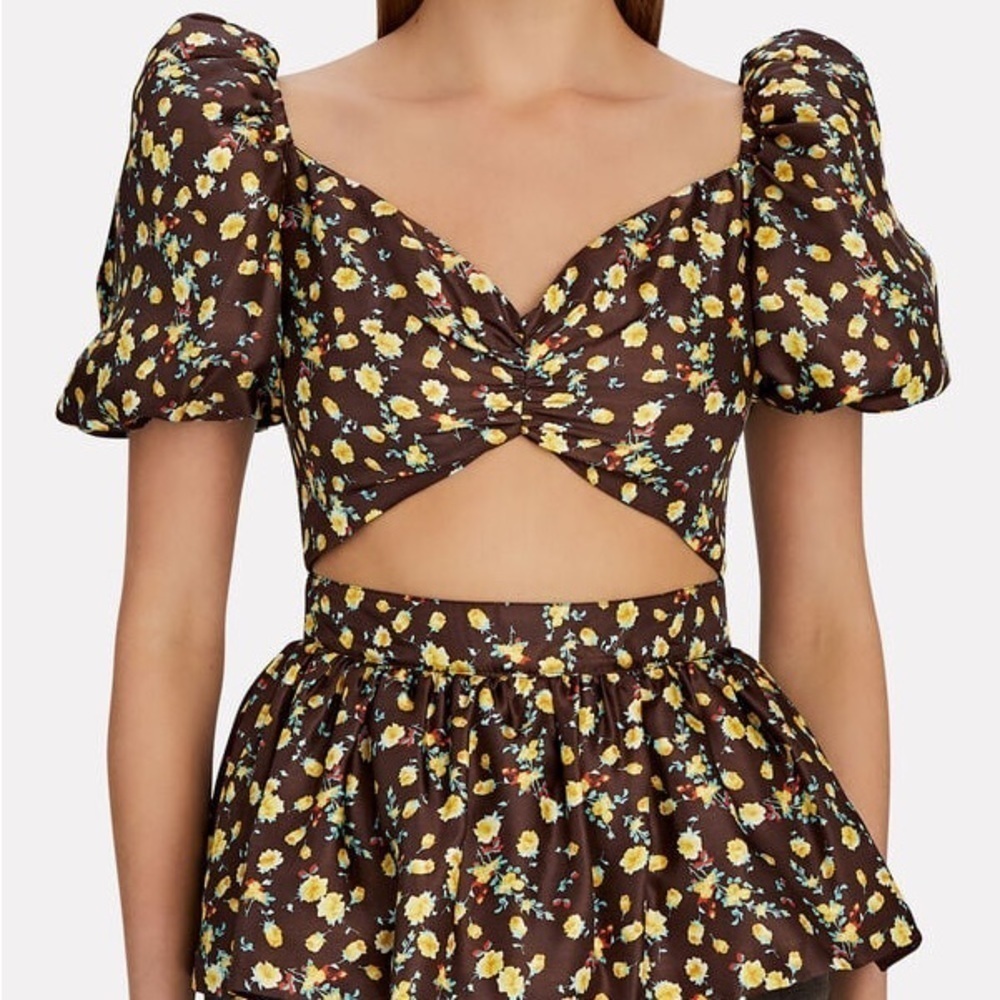 NWOT Autumn Adeigbo Bridgette Puff Sleeve Cut-Out Top Brown Yellow Floral - Picture 15 of 16